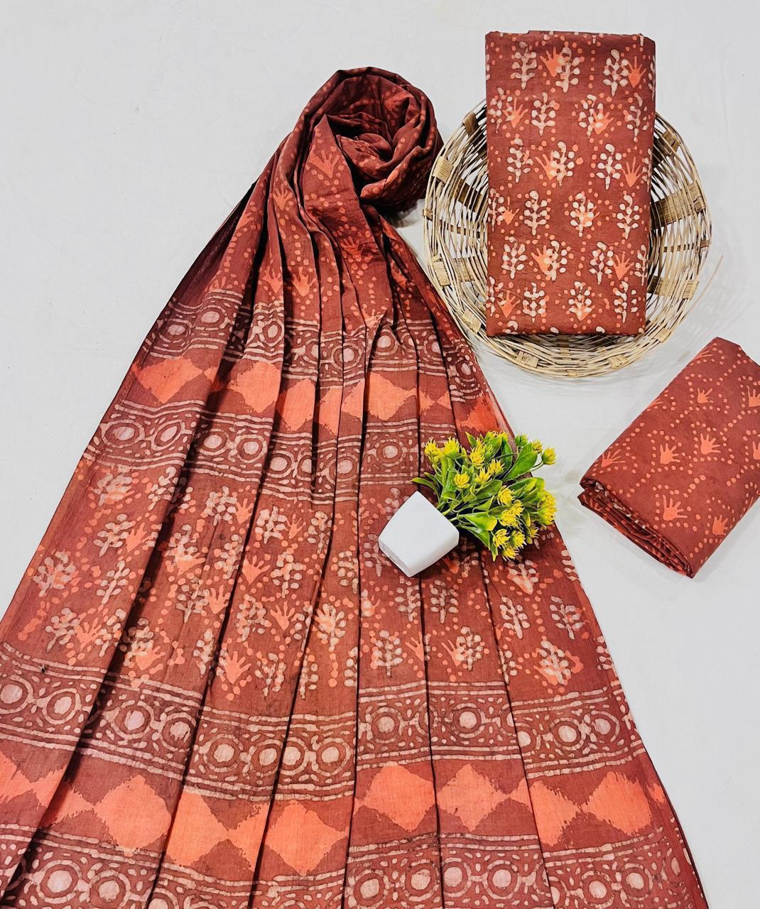 Wholesale Handblock Printed Cotton Mul Mul Dress Material Set with Mul Dupatta – Dusty Peach Color, Handcrafted in Rajasthan for Designers, Boutiques, and Bulk Orders